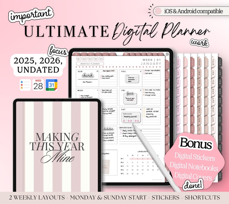 2025-2026 All-in-One Dated Digital Planner – Hyperlinked, Calendar-Integrated, & Customizable